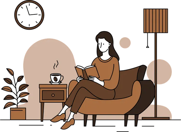 Woman Reading Book and having coffee  Illustration