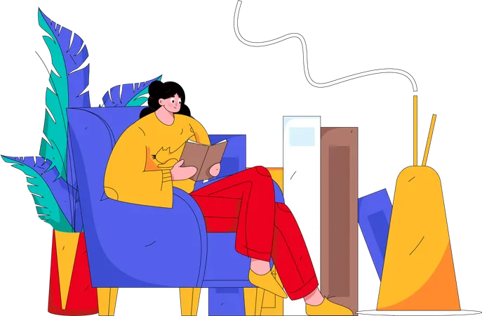 自宅で本を読んでいる女性  イラスト