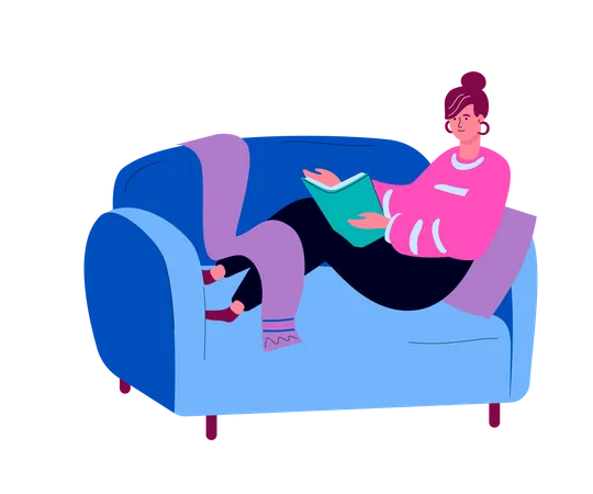 Woman reading book at home Illustration