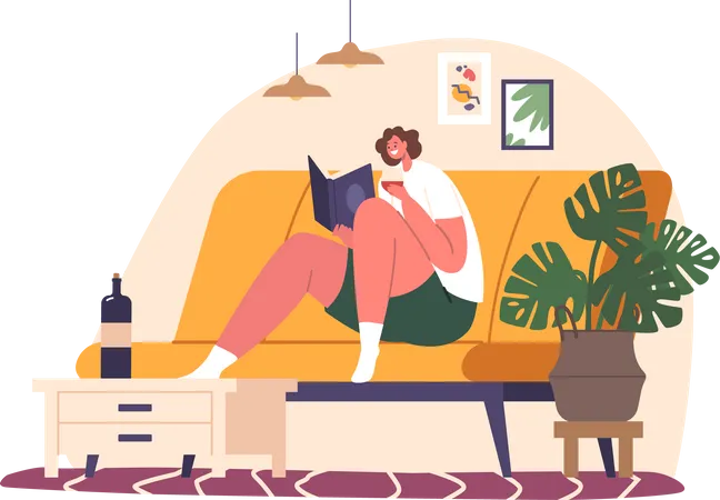 Woman Enjoys Relaxing Weekend At Home Immersed In Good Book Finding Solace And Contentment Within The Pages Female Character Engrossed In Reading With Wineglass Cartoon People Vector Illustration Illustration