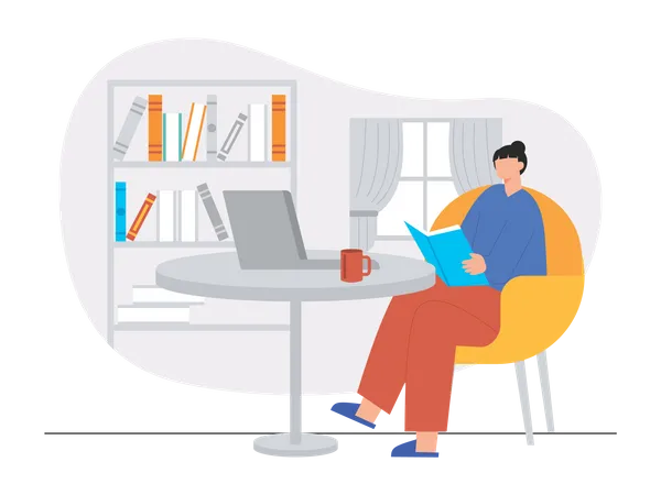 Woman reading book at office  Illustration