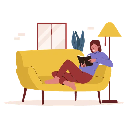 Woman Reading Book At Sofa People Activities At Sofa Vector Illustration Concept Illustration
