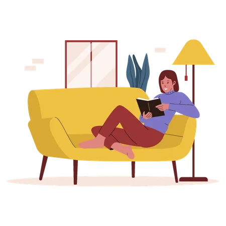 Woman reading book at sofa  Illustration