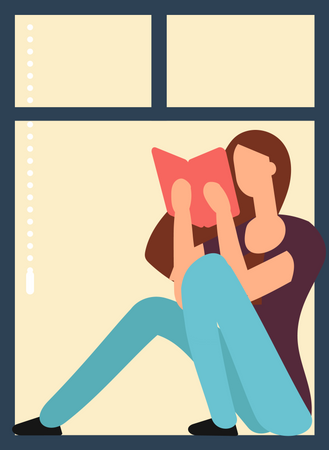 Woman reading book at window Illustration