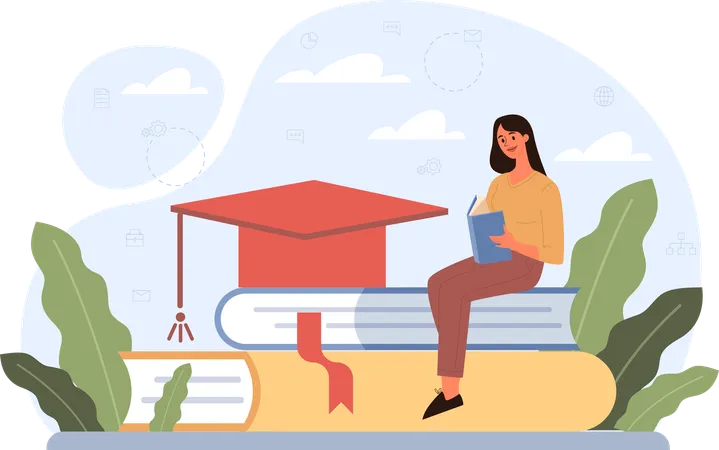 Woman reading book for graduation exam  Illustration