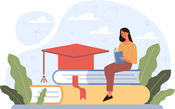 Woman reading book for graduation exam  Illustration