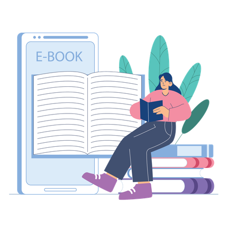 Woman reading book from online library  Illustration