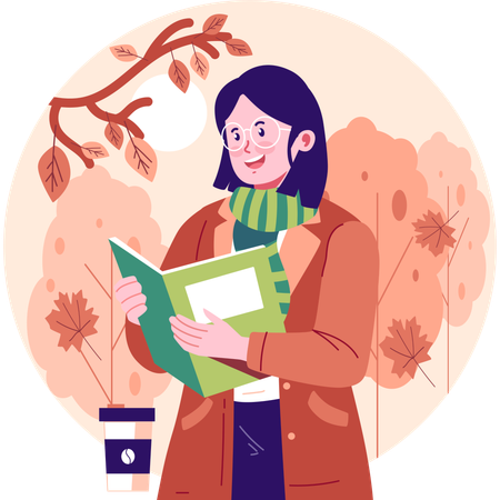 Woman reading book in autumn  Illustration