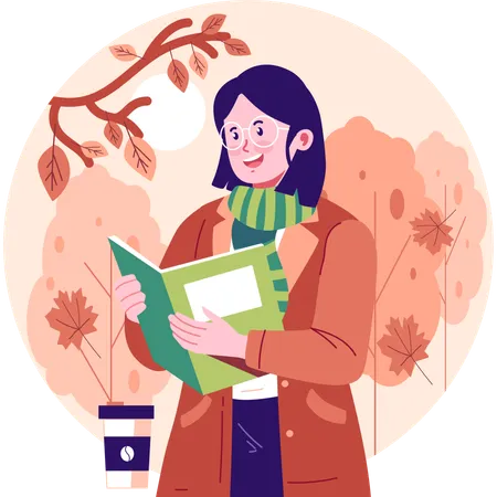Woman reading book in autumn  Illustration