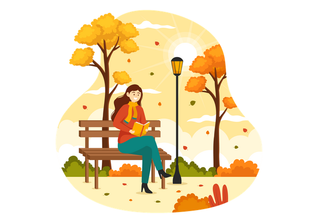 Woman reading book in Autumn Park  Illustration