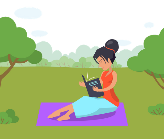Woman reading book in garden  イラスト