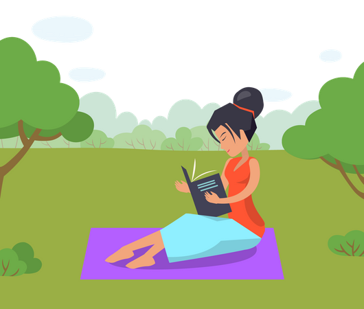 Woman reading book in garden  Illustration