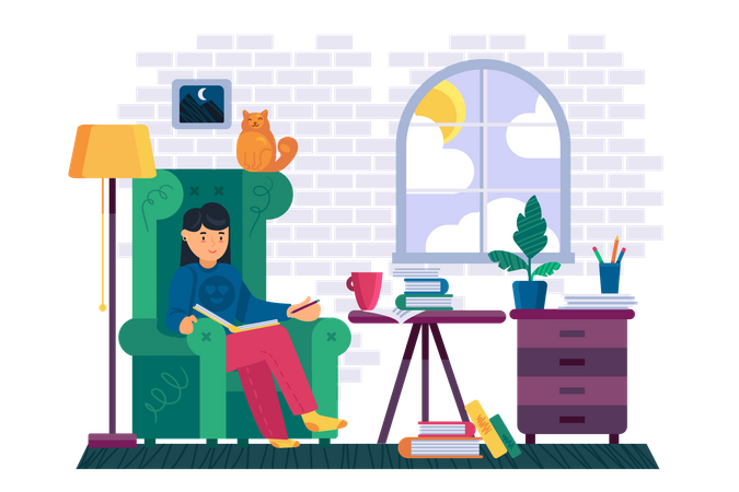 Woman reading book in house  일러스트레이션