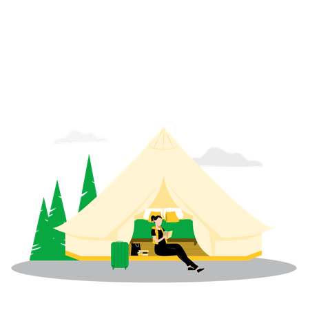 Woman reading book inside tent  Illustration