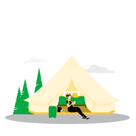 Woman reading book inside tent  Illustration