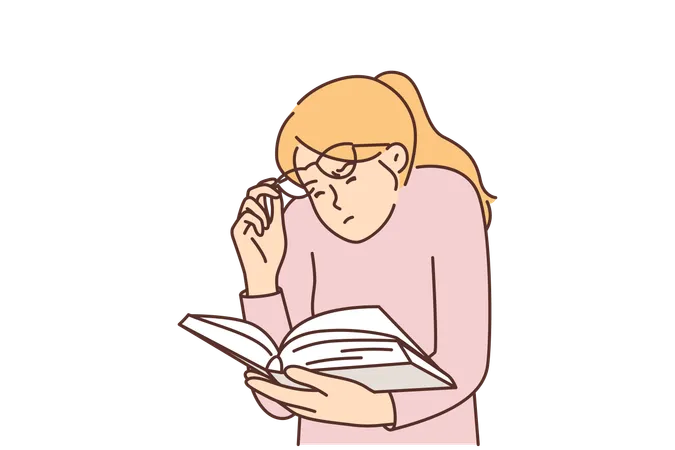 Woman Is Reading Book Lifting Glasses And Squinting Eyes Due To Problems Caused By Poor Vision Bookworm Girl Has Difficulty Reading Small Print In Book Needs Help From Ophthalmologist 일러스트레이션