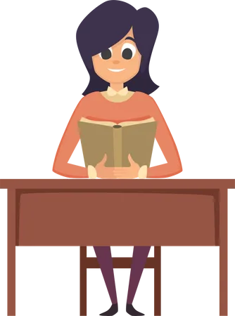Woman reading book on desk  Illustration