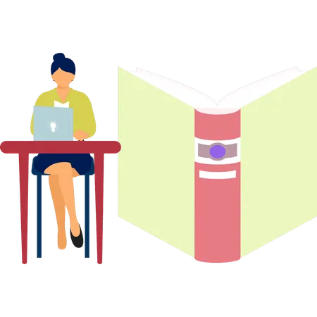 Woman reading book on laptop  Illustration