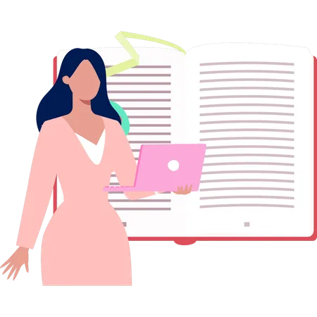 Woman reading book on laptop  Illustration