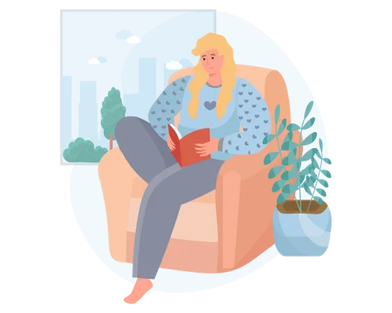 Woman reading book on sofa  Illustration