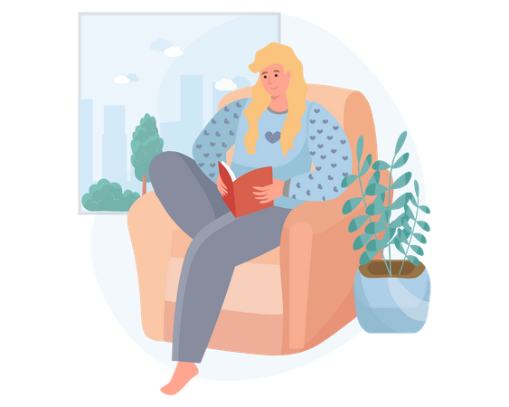 Woman reading book on sofa  Illustration