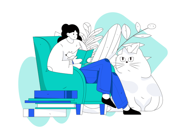 Woman reading book on sofa with cat  Illustration