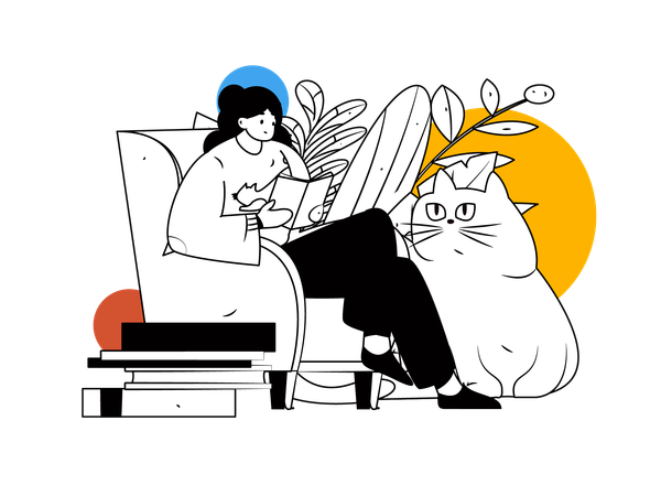 Woman reading book on sofa with cat  Illustration