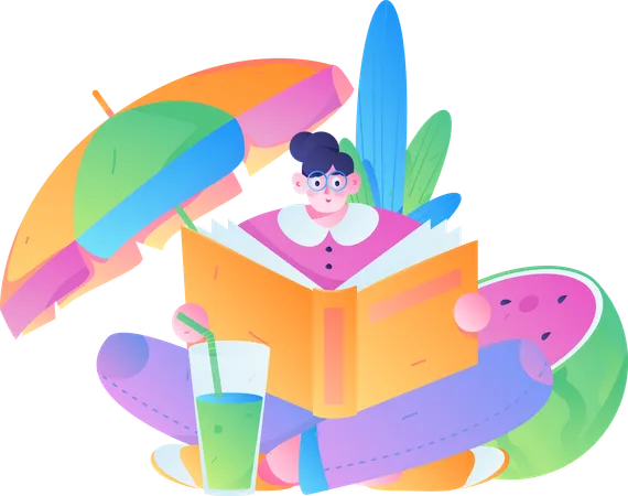 Woman reading book on summer trip  Illustration