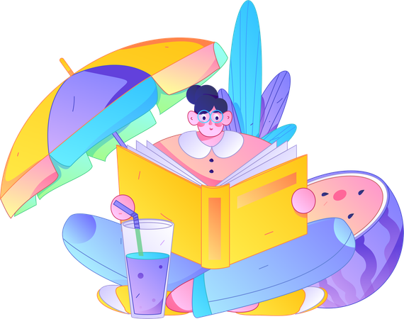 Woman reading book on summer trip  Illustration