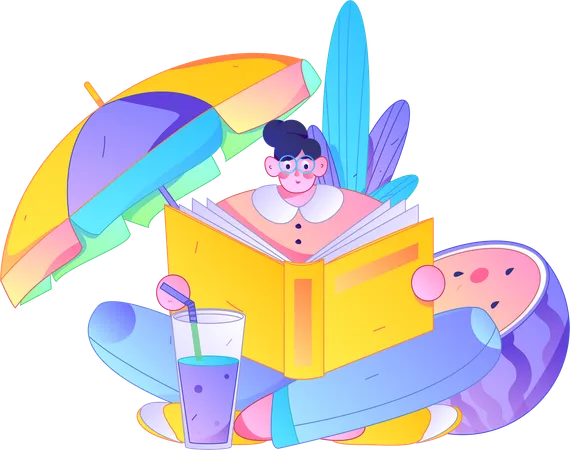 Woman reading book on summer trip  Illustration