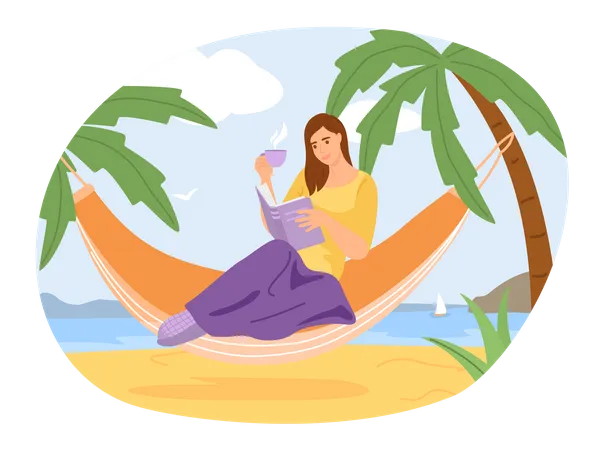 Woman reading book on vacation Illustration