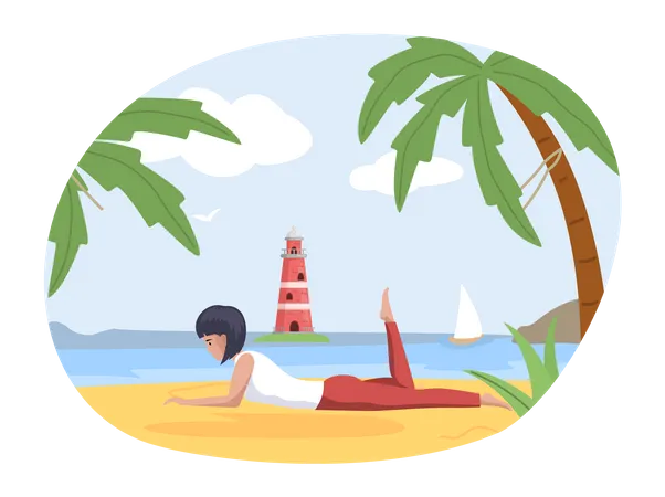 Woman reading book on vacation Illustration