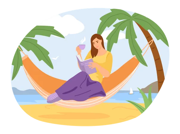 Woman reading book on vacation  Illustration