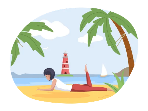 Woman reading book on vacation  Illustration