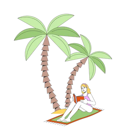 Woman reading book under palm trees on beach  Illustration