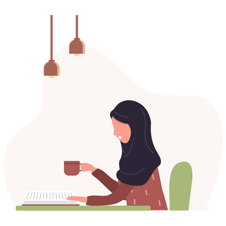 Woman reading book while drinking coffee Illustration