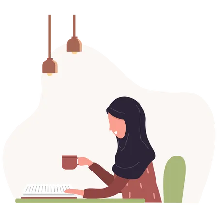 Woman reading book while drinking coffee Illustration