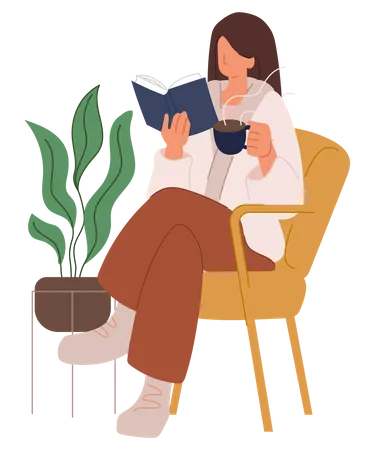 Woman reading book while drinking coffee  Illustration
