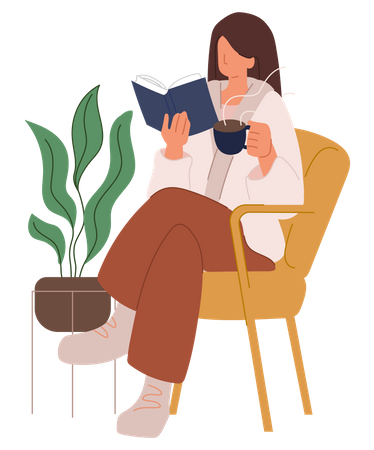 Woman reading book while drinking coffee  Illustration