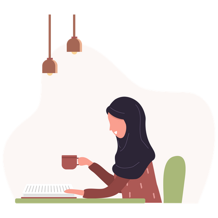 Woman reading book while drinking coffee  Illustration