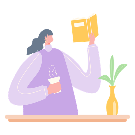 Woman reading book while having cup of coffee  Illustration