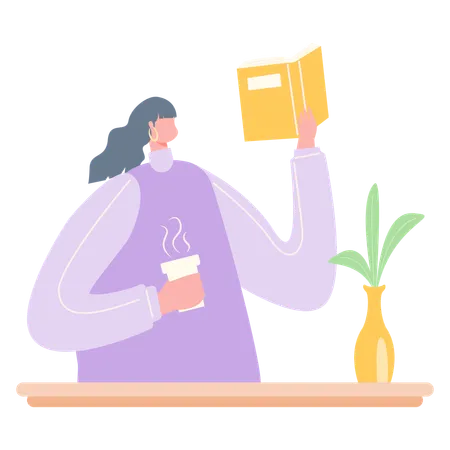 Woman reading book while having cup of coffee  Illustration