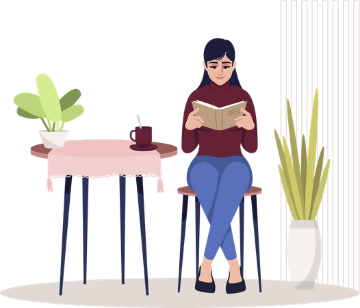Woman reading book while having tea Illustration