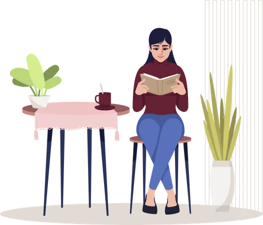 Woman Sit In Kitchen Semi Flat RGB Color Vector Illustration Female Sit On Chair With Magazine Person With Book Near Coffee Table Reader Isolated Cartoon Character On White Background 일러스트레이션