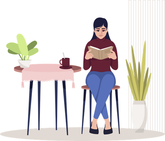 Woman reading book while having tea  Illustration