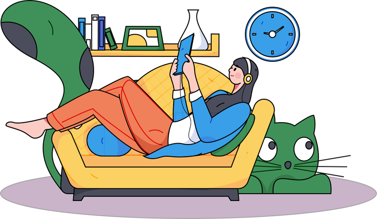 Woman reading book while relaxing on couch  Illustration