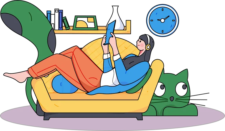 Woman reading book while relaxing on couch  Illustration