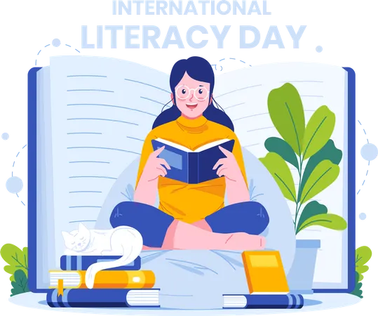 International Literacy Day Illustration A Woman Reading Book While Sitting A Girl With Book Knowledge Learning And Education Concept Illustration