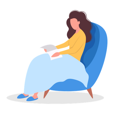 Woman reading book while sitting comfortably Illustration