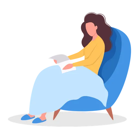 Woman reading book while sitting comfortably  Illustration